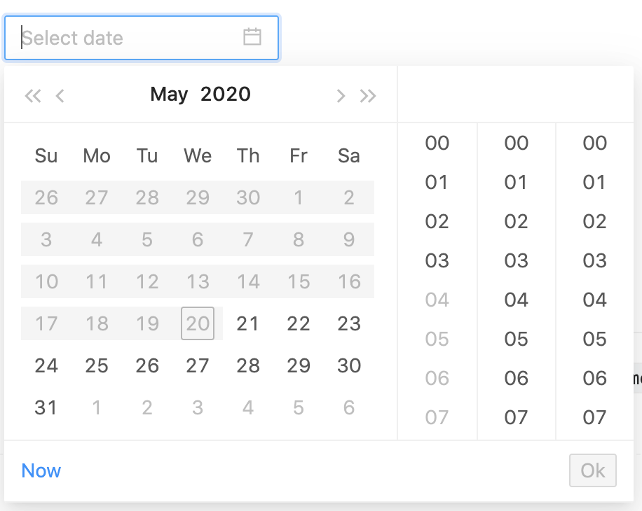 antd-datepicker-disabled-datetime.png disabled dates concept on a Datepicker component in Ant Design.