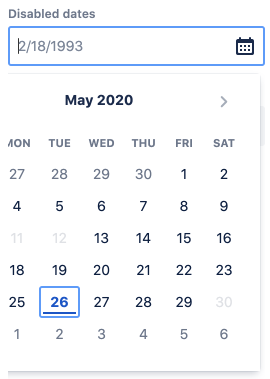 atlaskit-datepicker-disabled-datetime.png disabled dates concept on a Datepicker component in Atlaskit.