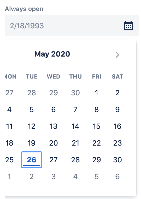 atlaskit-datepicker-open.png open concept on a Datepicker component in Atlaskit.