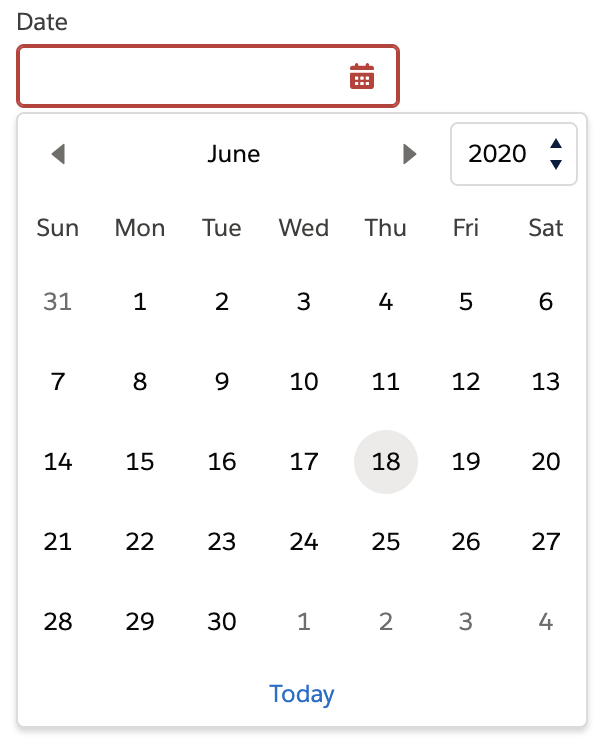 lightning-datepicker-error.png error concept on a Datepicker component in Lightning Design System.