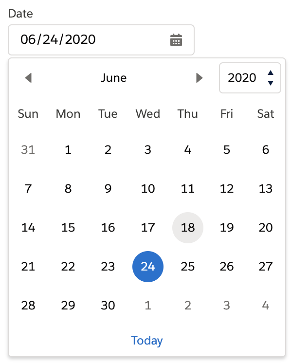 lightning-datepicker-selected.png selected concept on a Datepicker component in Lightning Design System.